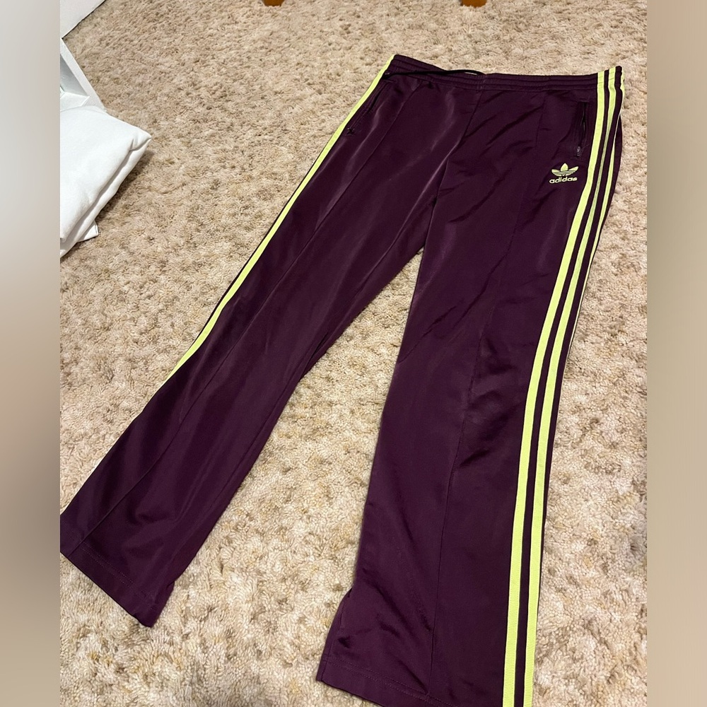 unique, Adidas, purple and green sweatpants size medium